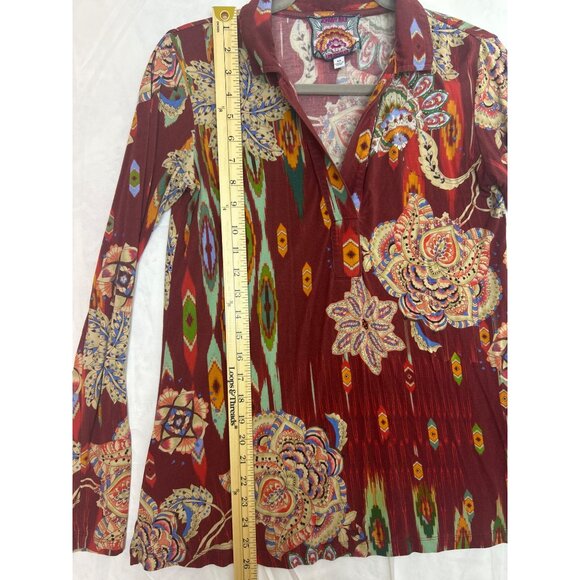 Johnny Was Feather Swing Polo Top Boho V-Neck XS Long Sleeve Fall Lightweight - Picture 10 of 14